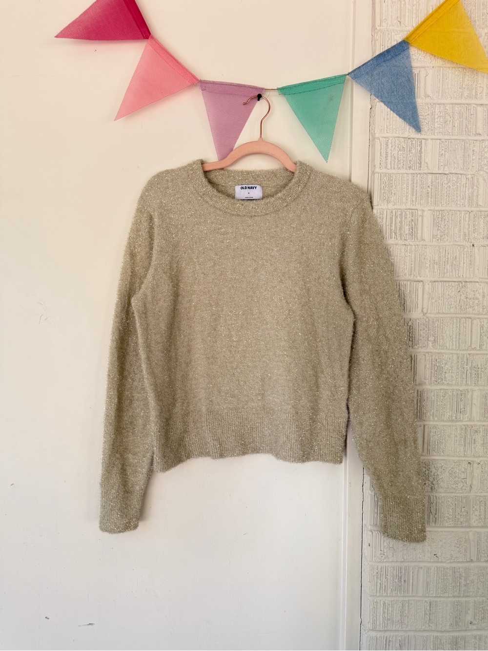 Old Navy Women's Light Cream Crewneck Fuzzy Sweater